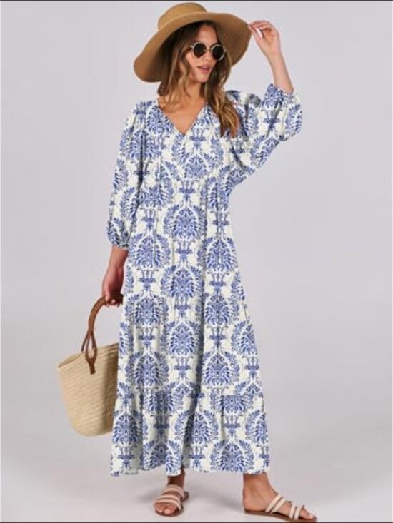 Dresses & Skirts - Womens V Neck Floral Maxi Dress Blue Puff Sleeve Empire Waist Boho Coastal Artsy